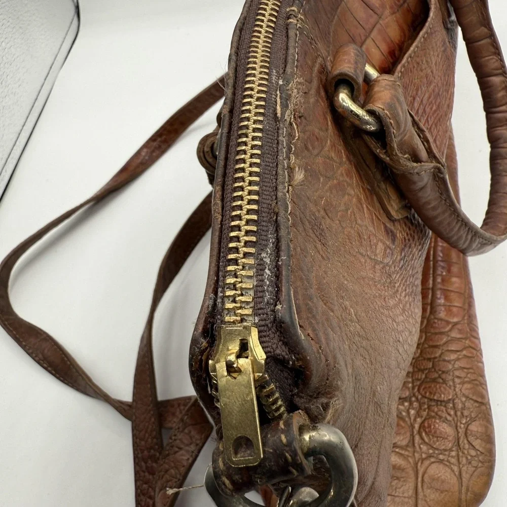 Brahmin Satchel Womens Brown Embossed Croc Leather Shoulder Bag Purse Distressed